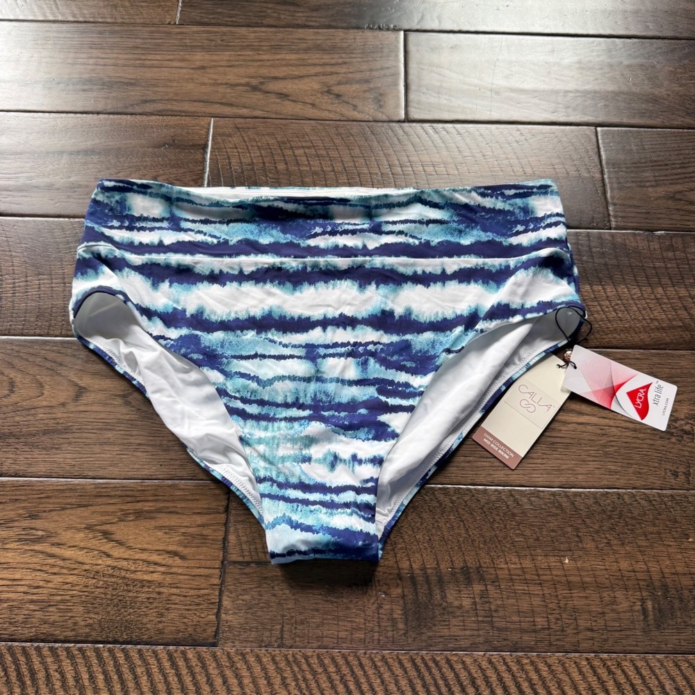 CALIA NWT Womens Mid Rise Bikini Bottom Blue White Tie Dye Stripe